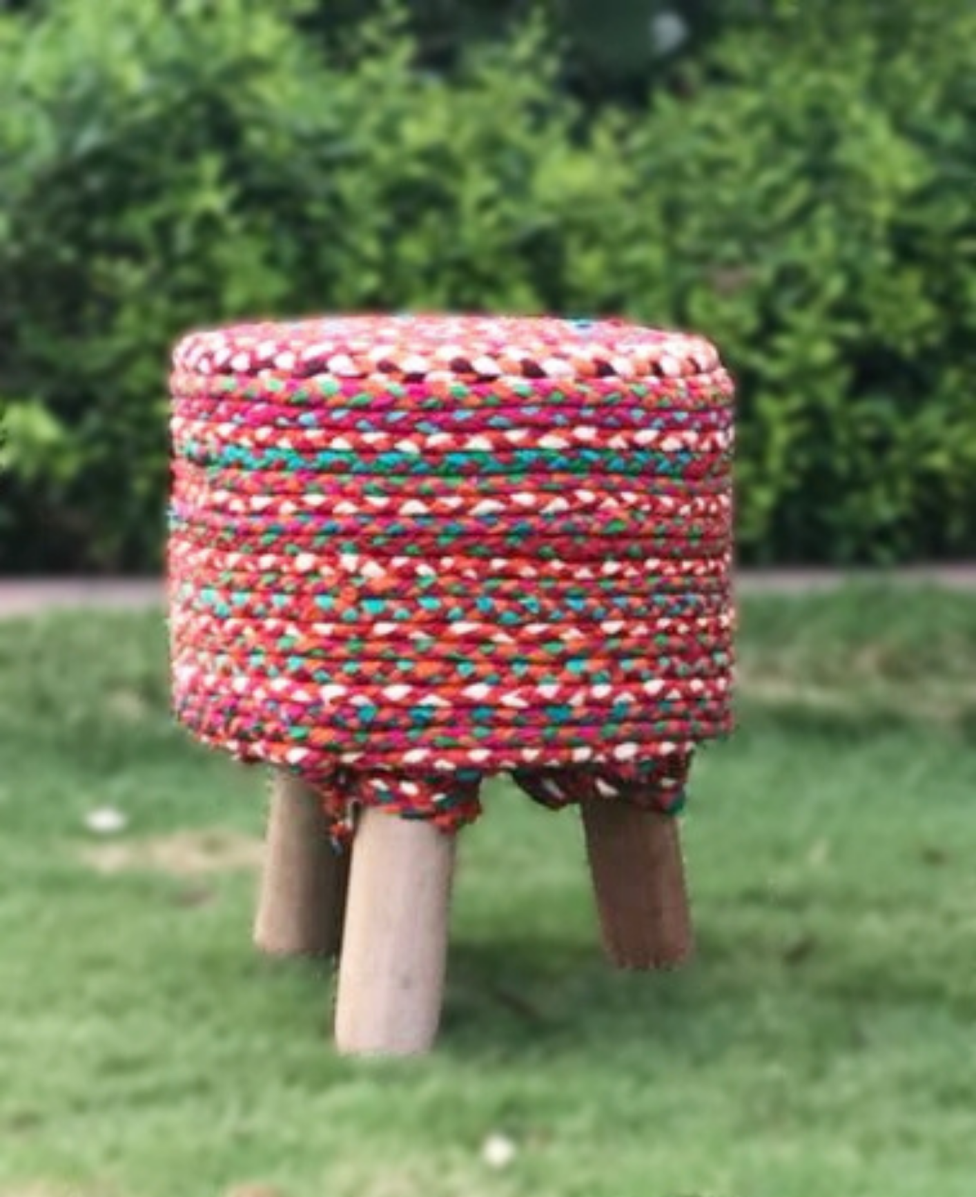 Recycle Cotton Rope Braided Puffy Stool ( Red )