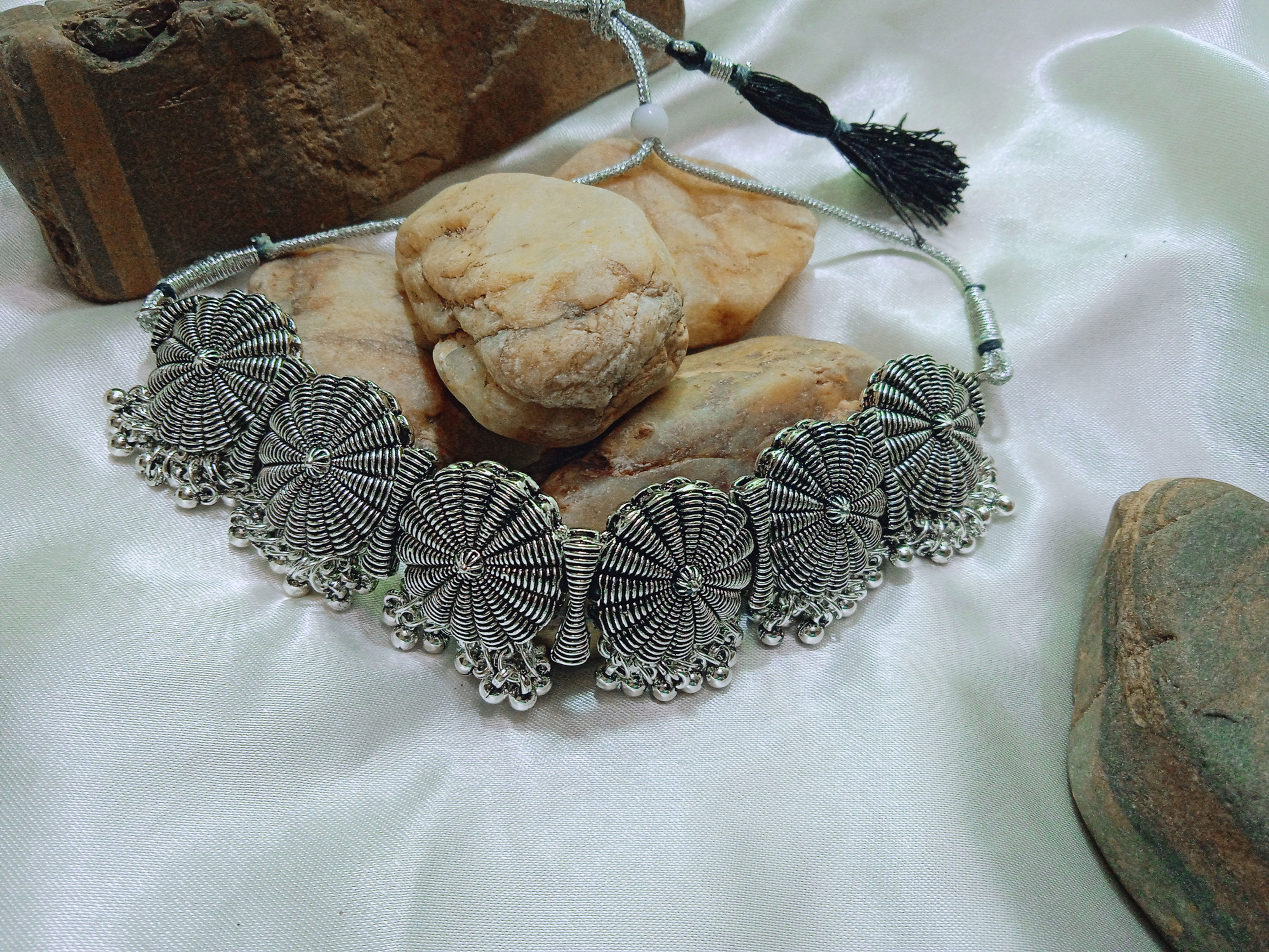 Okhali - German Silver Oxidised Antique Afghani Flower Choker with Ghungroo