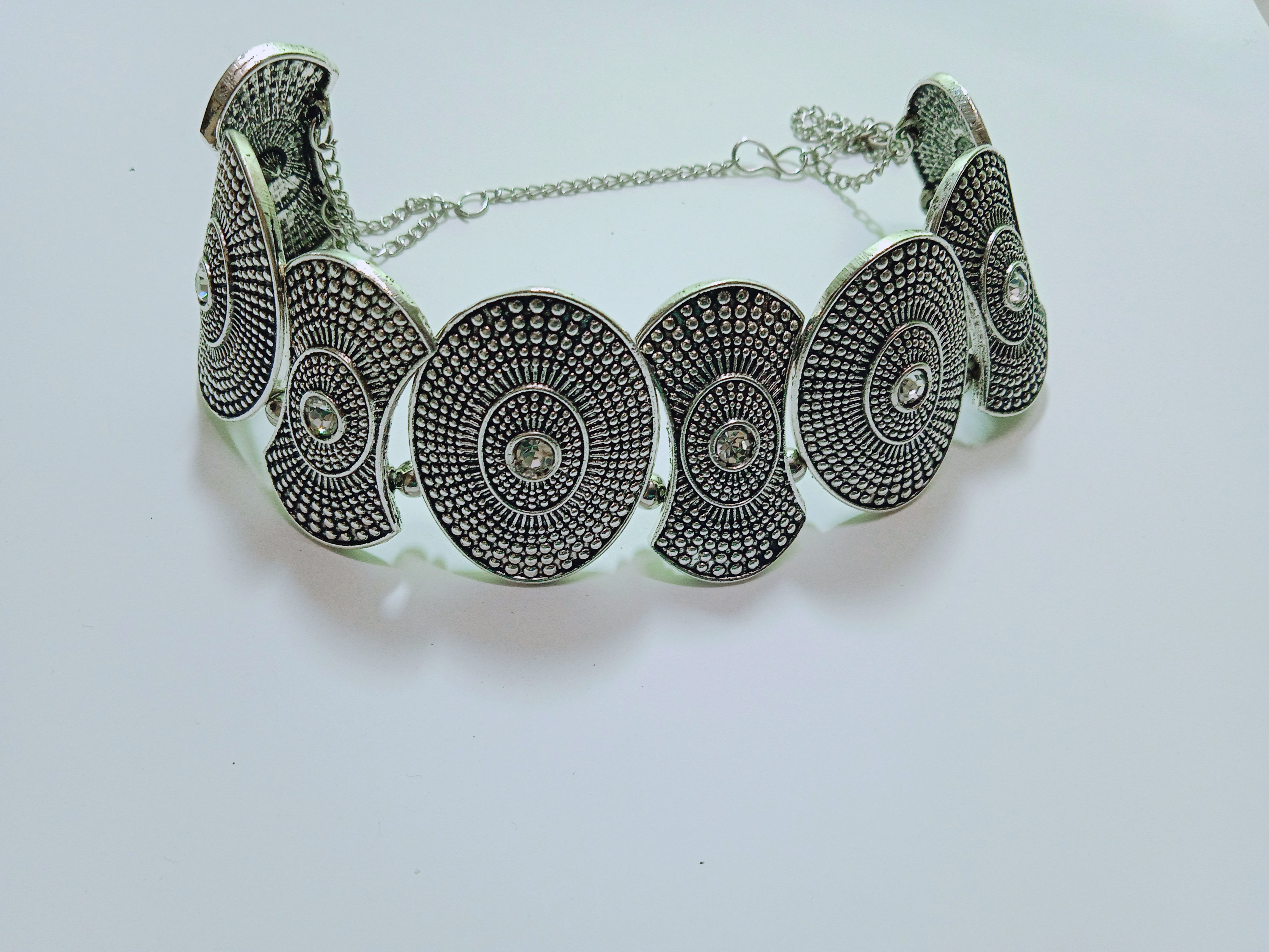 Okhali - German Silver Oxidised Antique Afghani Choker with White Stone