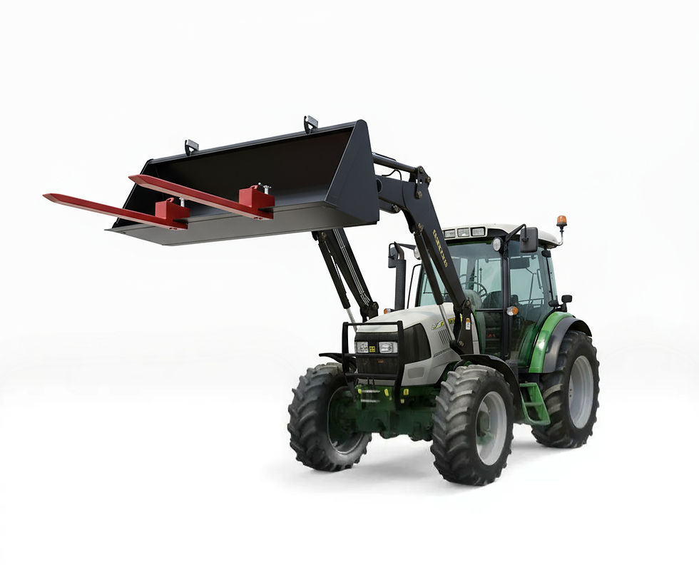 Tractor in sight, bucket raised with EasyFork attachment