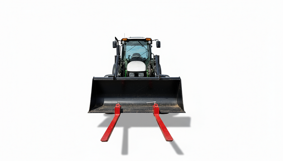 Tractor, front view, with EasyFork attachment fixed to the bucket