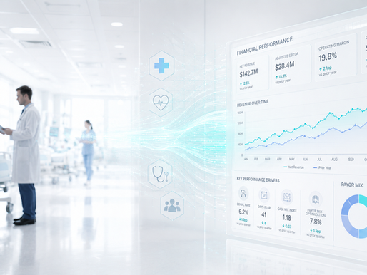 Doctor in a white coat reviews data on a tablet in a hospital. Nearby, a digital financial dashboard displays graphs and stats.