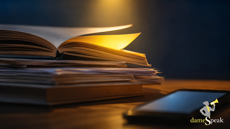 Close-up of an open book glowing under warm light, with a blurred smartphone beside it and the dameSpeak logo in the corner.