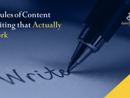 Pen writing "Write" on paper with text "6 Rules of Content Writing that Actually Work." Blue and yellow theme, logo at top right.