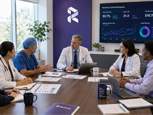 A doctor presents a 2026 strategy calendar to five people in an office, with documents spread on the table, creating a focused atmosphere.