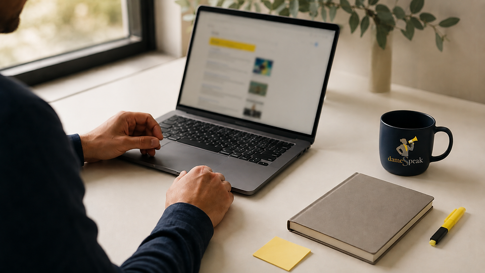 Person using laptop looking at title tags at desk with dameSpeak mug, notebook, sticky note and marker in soft-lit office.