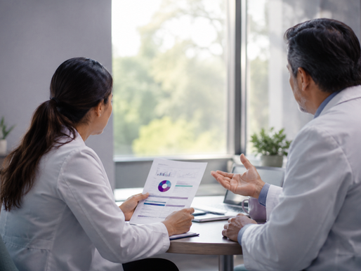 Two doctors in white coats review a report with charts in a bright office; Revcure Consultants logo and slogan appear bottom left.