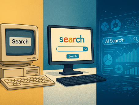 Three-panel illustration of evolving search technology: old computer with "Search," modern monitor with colorful "search," and AI search interface.