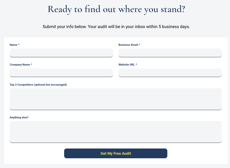 Lead capture form page with headline Ready to find out where you stand? and fields for name, email, company, website, competitors, and notes