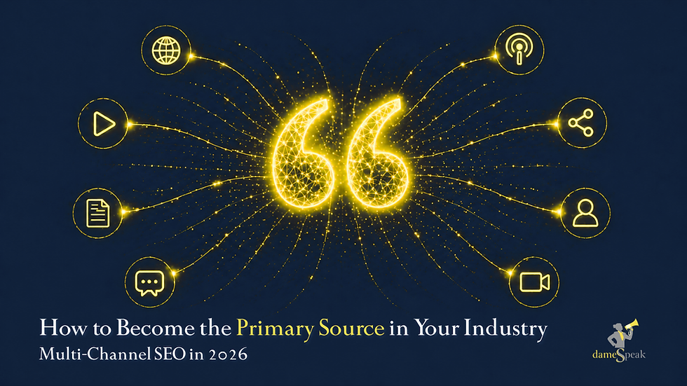 Bright yellow glowing quotation marks on a blue background, with icons like a globe and play button. Text: How to Become the Primary Source. dameSpeak logo bottom right.