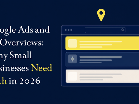 Blue marketing slide with Google Ads and AI Overviews text, stylized search results, yellow pin icon, and dameSpeak logo