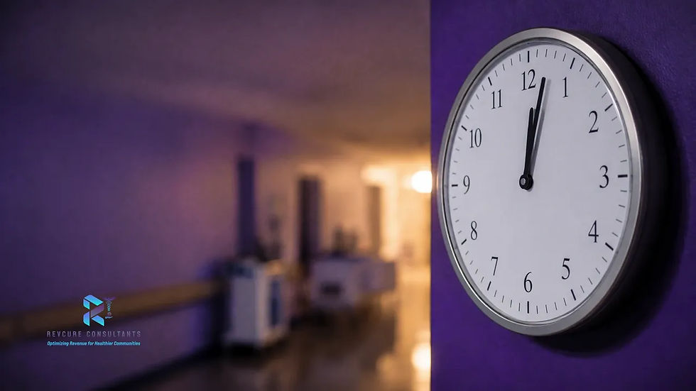 Wall clock on a purple hospital corridor wall, with a blurred hallway in warm light and Revcure Consultants watermark.