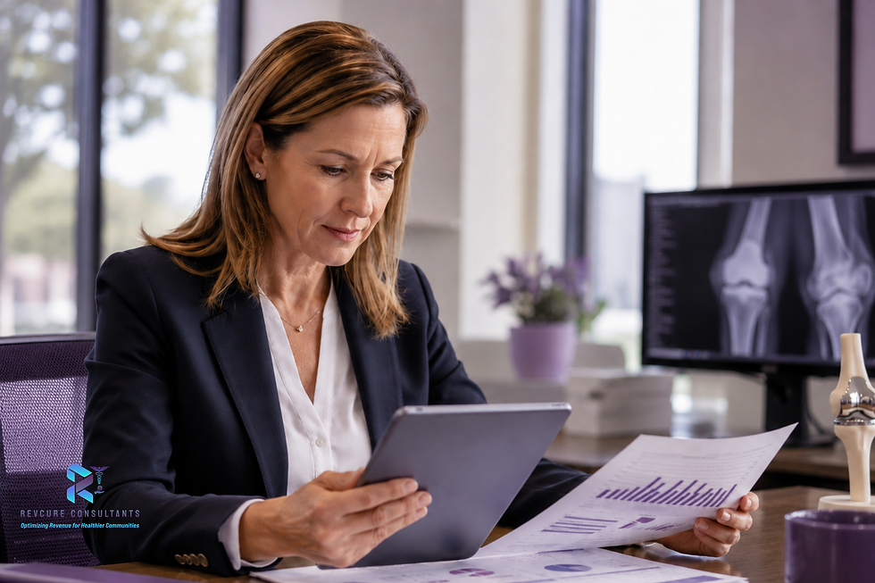 Businesswoman reviews tablet and printed charts in office; monitor shows knee X-rays. Revcure Consultants logo visible.