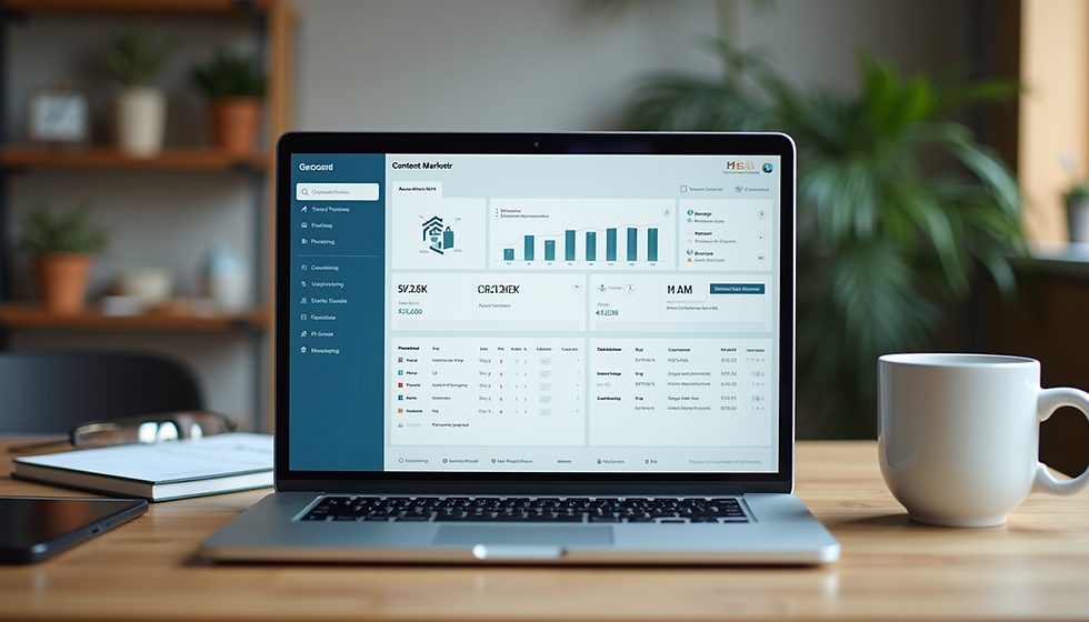 Eye-level view of a laptop screen displaying a content marketing dashboard