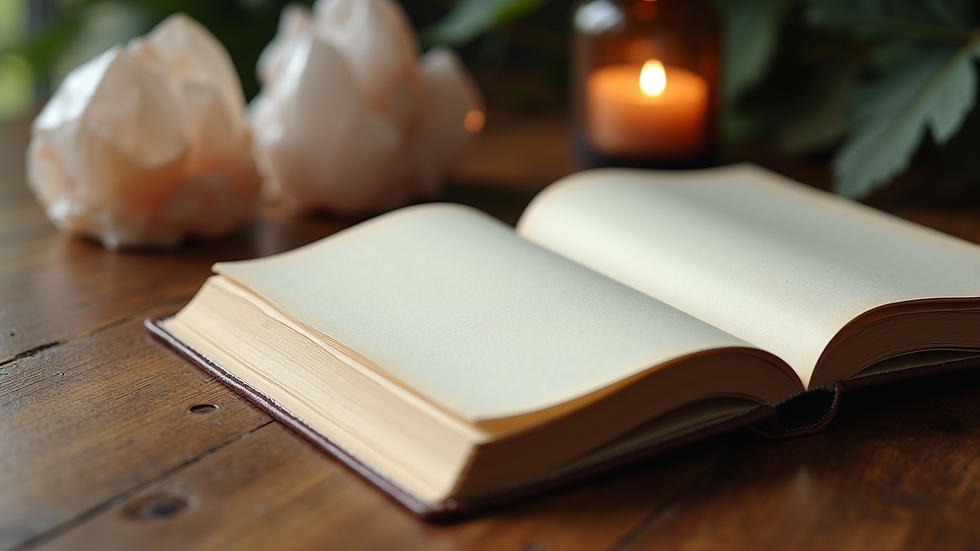Close-up view of a journal and crystals on a wooden table