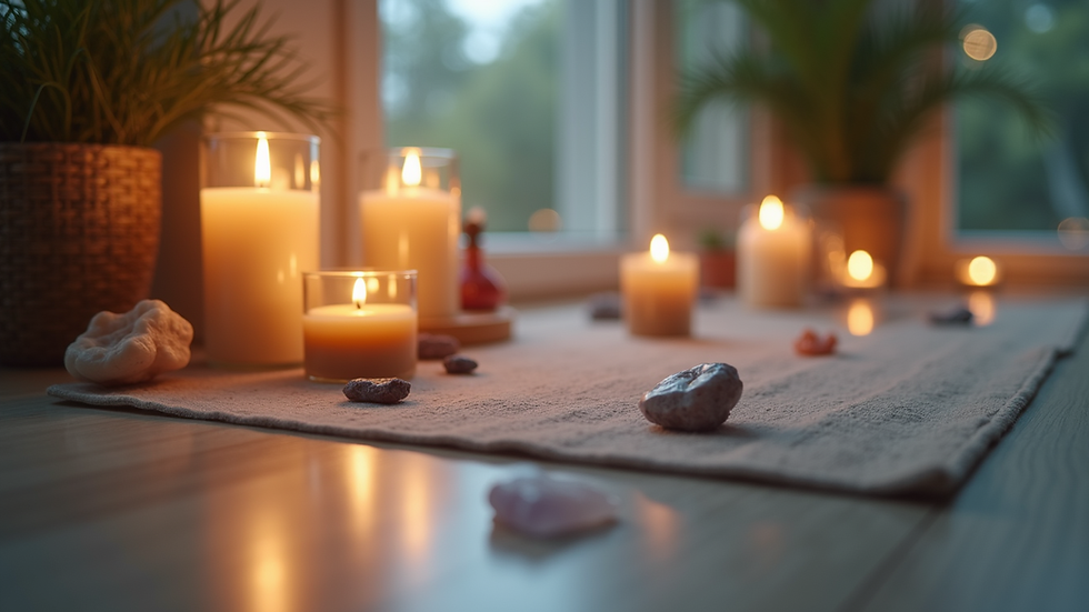 Eye-level view of a serene meditation space with candles and crystals