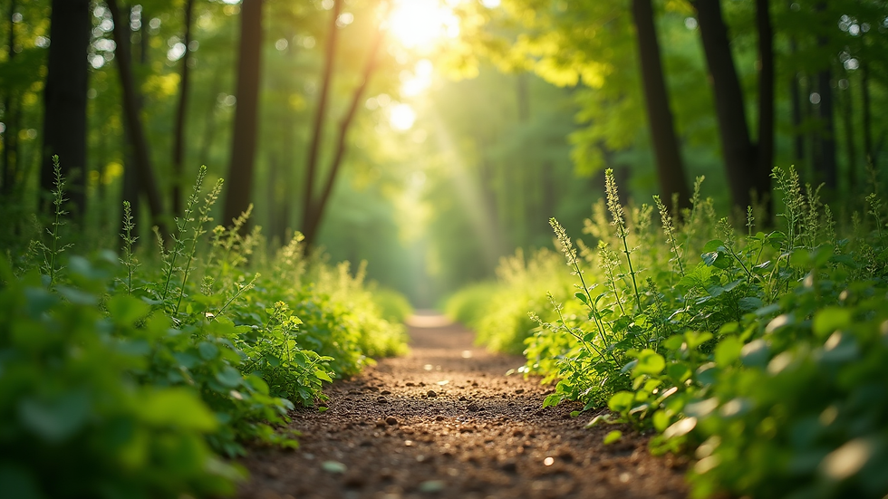 Close-up view of a vibrant green forest path with sunlight filtering through trees