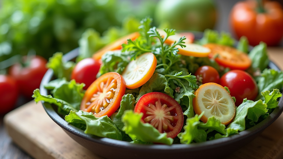 Close-up view of a vibrant garden salad with fresh vegetables