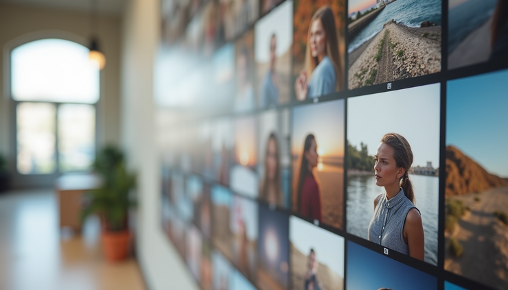 Close-up of a printed photo collage of customer images displayed on a wall