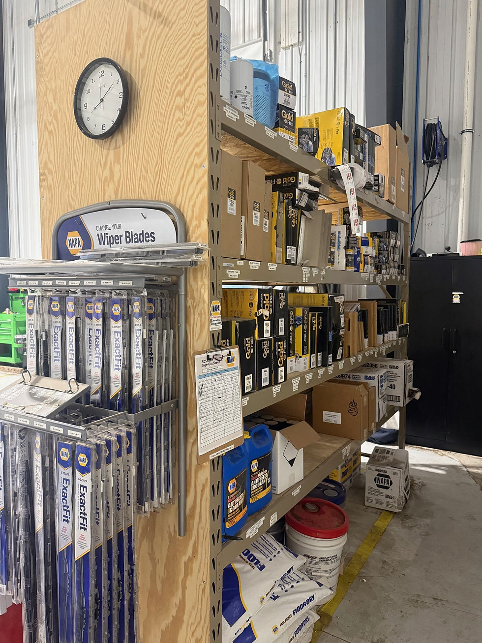 Organized NAPA parts shelves stocked by Eastline Supply