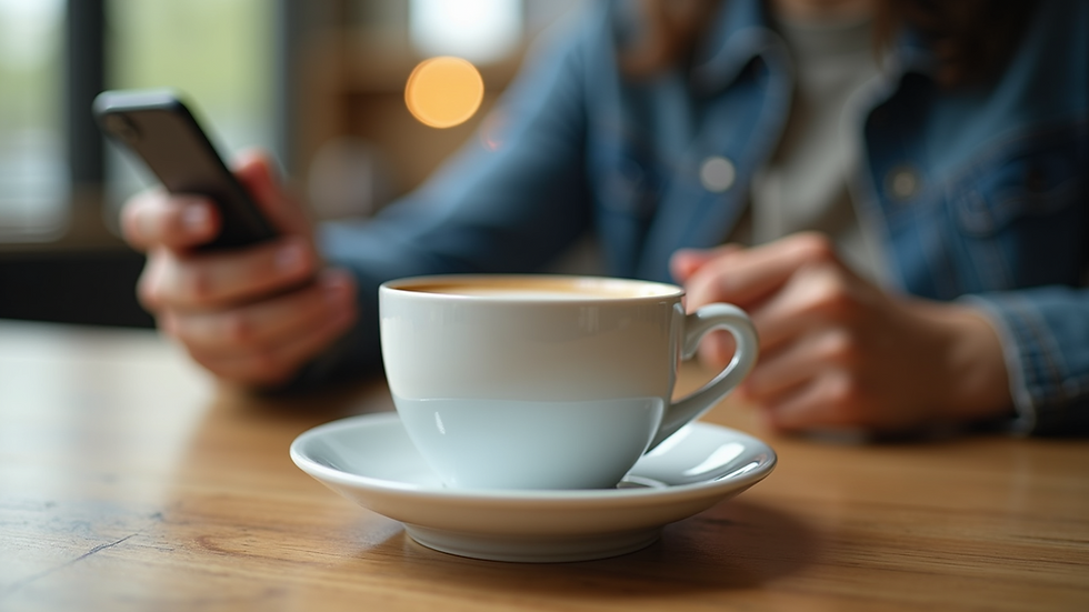 Eye-level view of a cup of coffee on a table with mobile app in the background