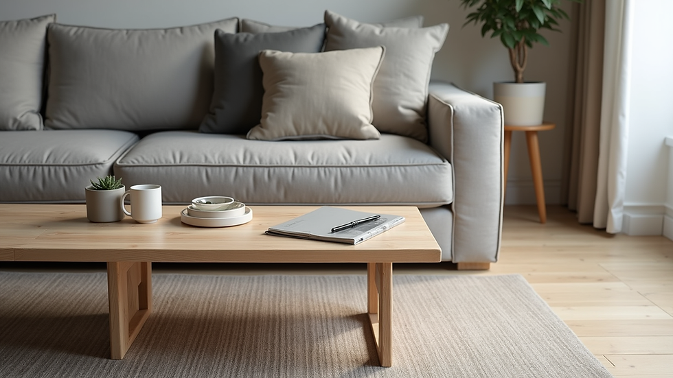 Vue à hauteur d'œil d'une table basse en bois clair avec un canapé gris clair en arrière-plan