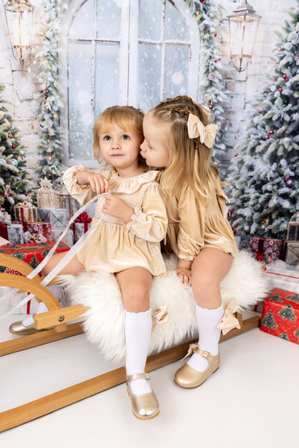 Christmas photo session image of two children on a sleigh
