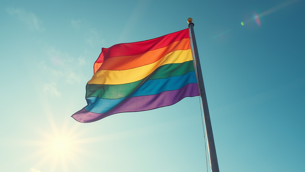 Eye-level view of a rainbow flag waving gently in the breeze