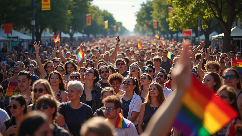 High angle view of a community gathering at a Pride event in San Antonio