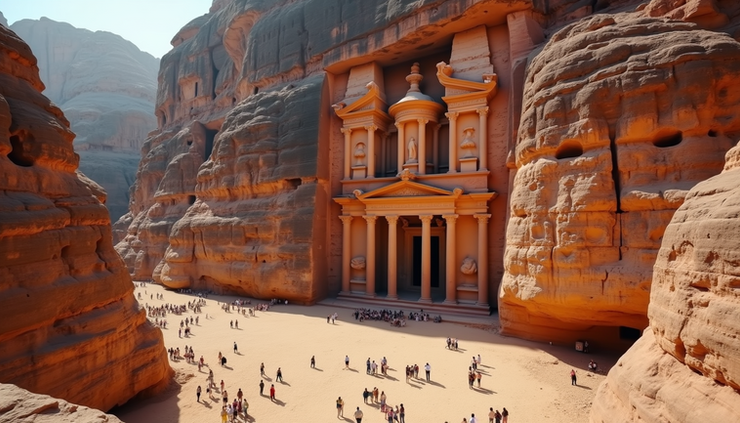 High angle view of the ancient city of Petra in Jordan with tourists exploring the site