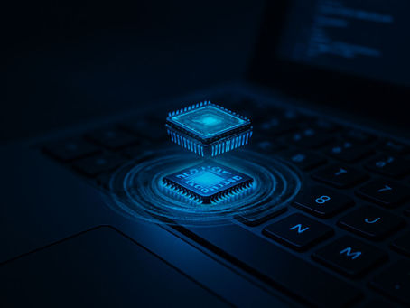 Laptop keyboard with glowing blue AI chip symbolizing ML Infrastructure and MLOps