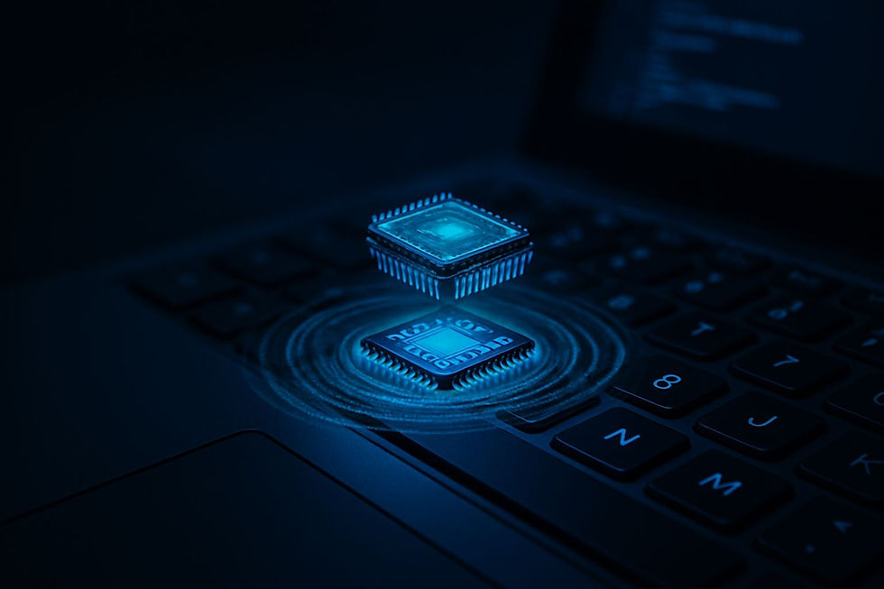 Laptop keyboard with glowing blue AI chip symbolizing ML Infrastructure and MLOps