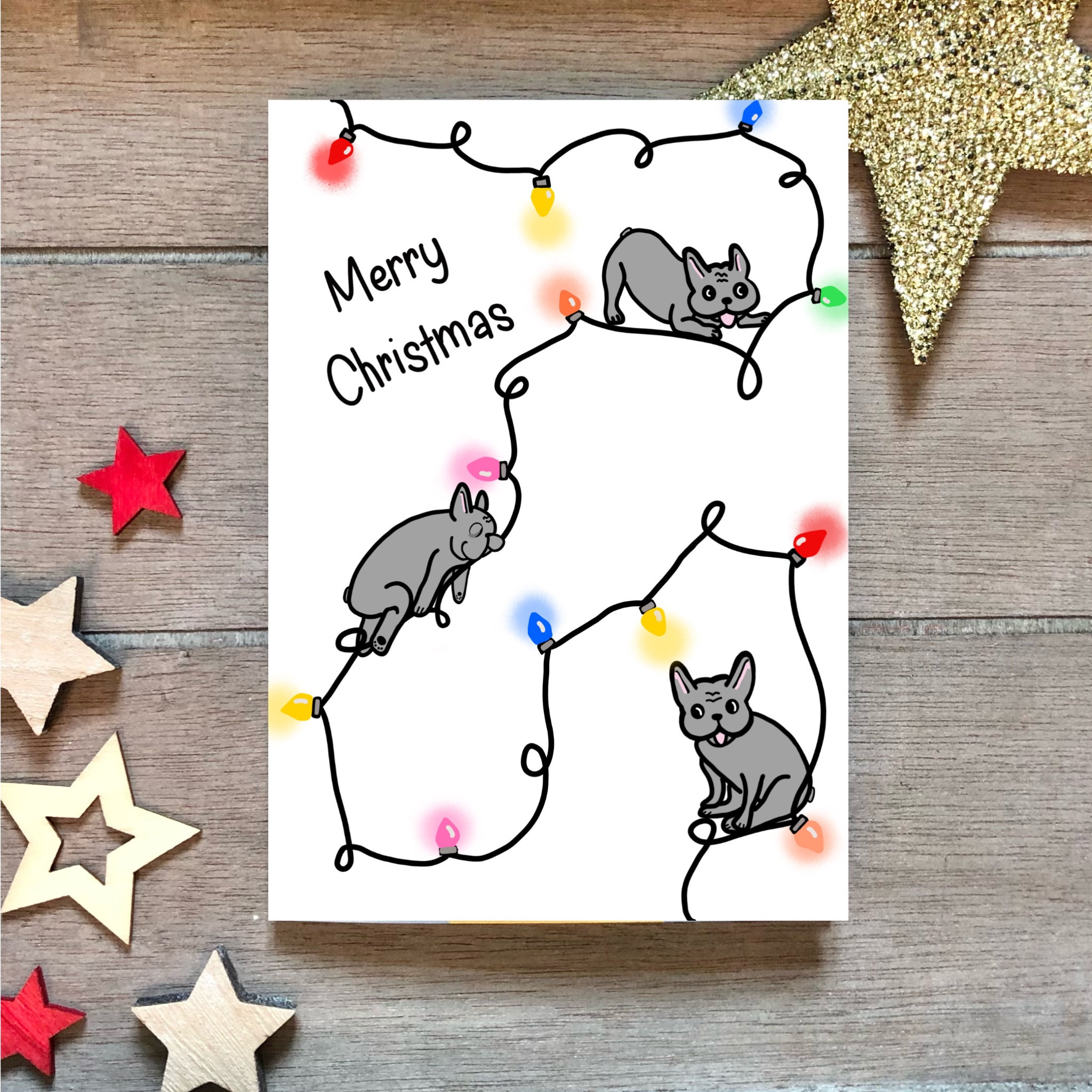 Frenchie & fairylights Christmas Card