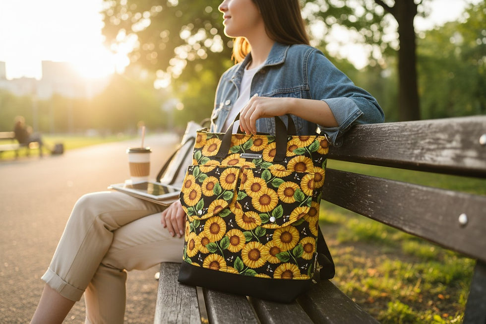 Thumbnail: Woman sitting on a park bench holding a sunflower bag AWESOMEROSE'S.
