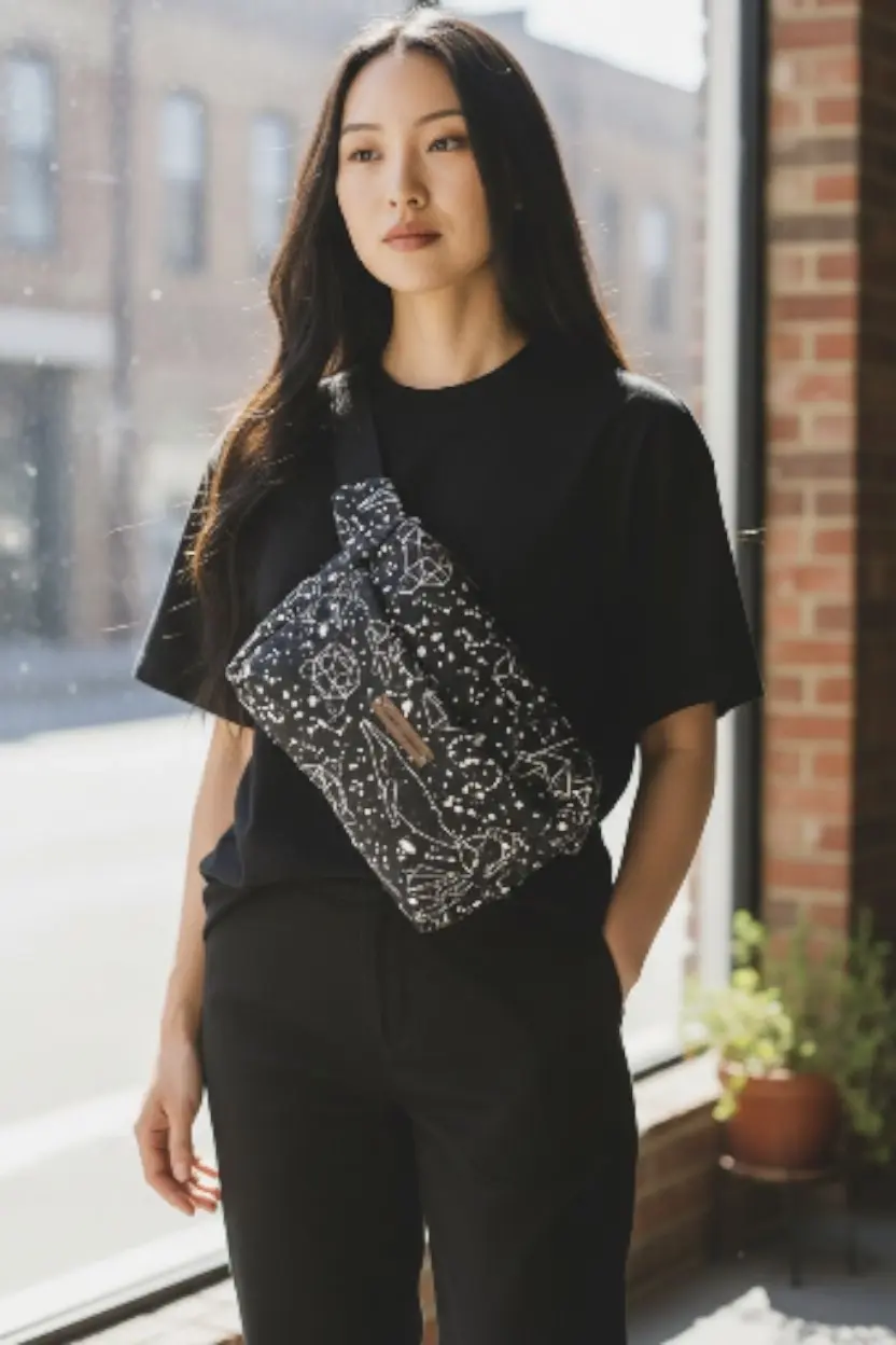 Thumbnail: Woman wearing black top and pants with floral print fanny pack AWESOMEROSE'S.