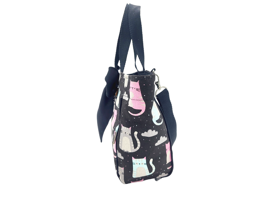 Thumbnail: Navy tote bag with cat patterns, 2-way carrying, white background, AWESOMEROSE'S