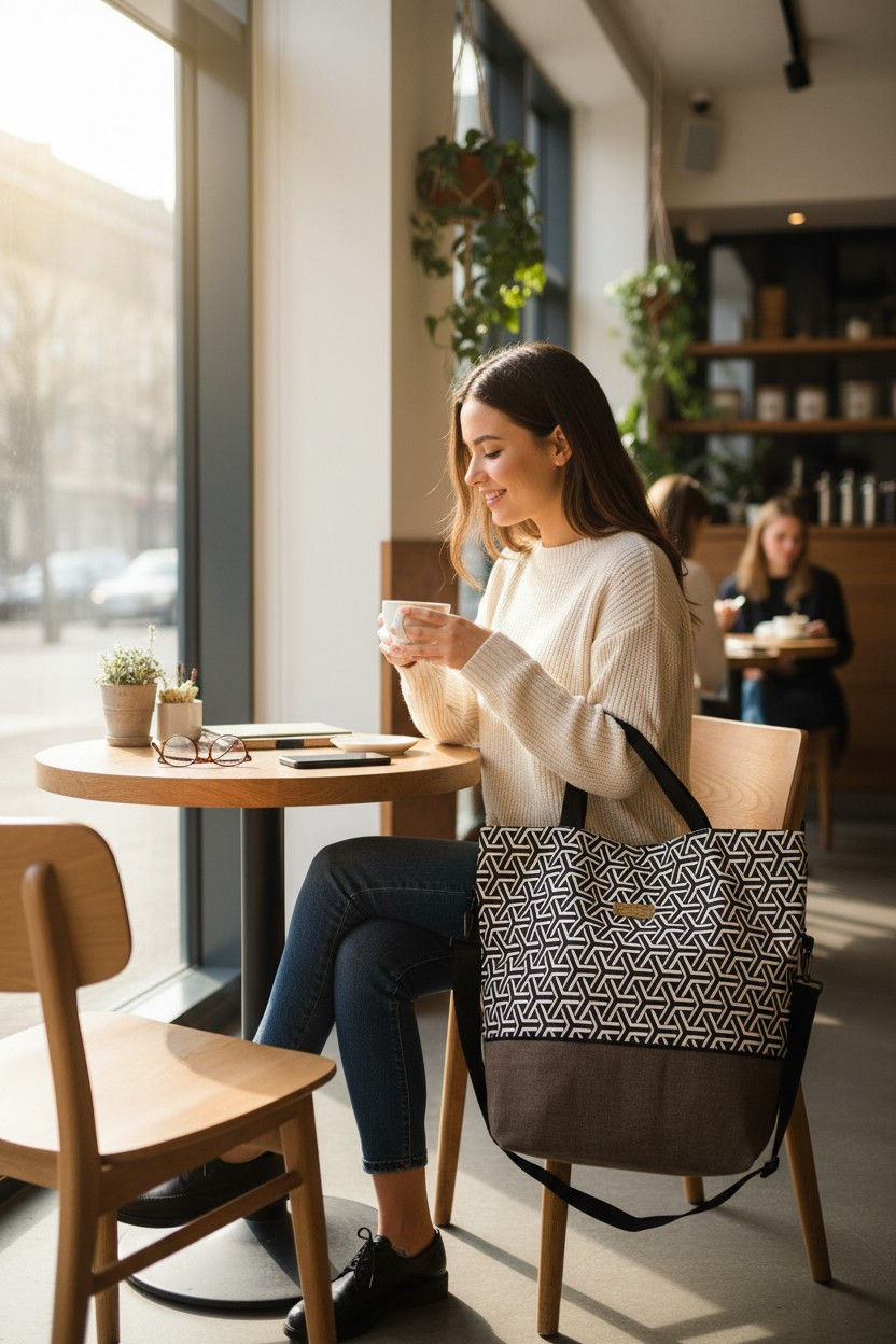 Thumbnail: Woman enjoying coffee, sitting near window, inside a cozy cafe. Small cross-body adjustable strap bag.