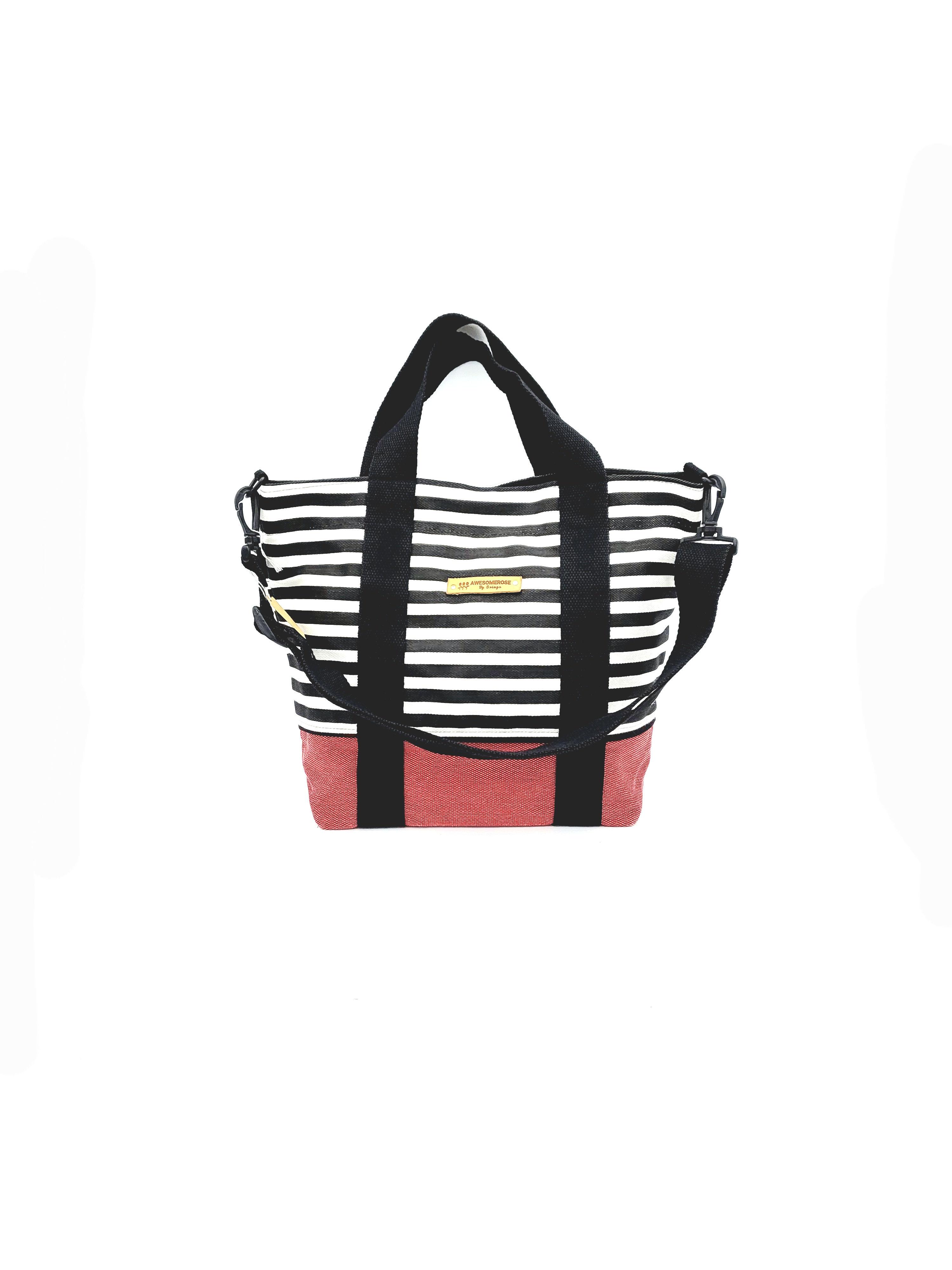 Striped tote bag with black handles, 2 way carrying, red base, AWESOMEROSE'S.