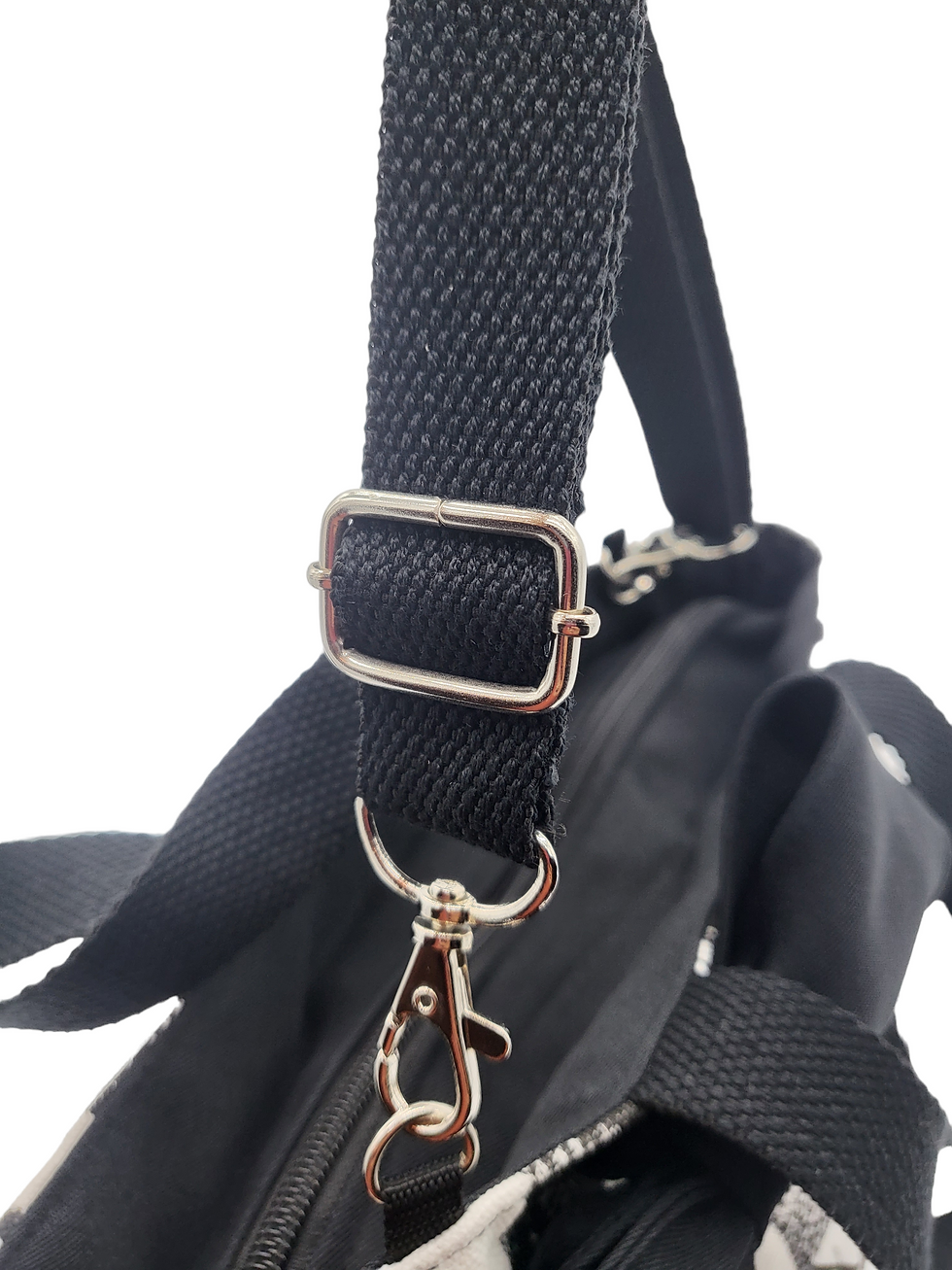 Thumbnail: Black bag strap with metal buckle and clip. 2-tone canvas 2 way carrying bag.