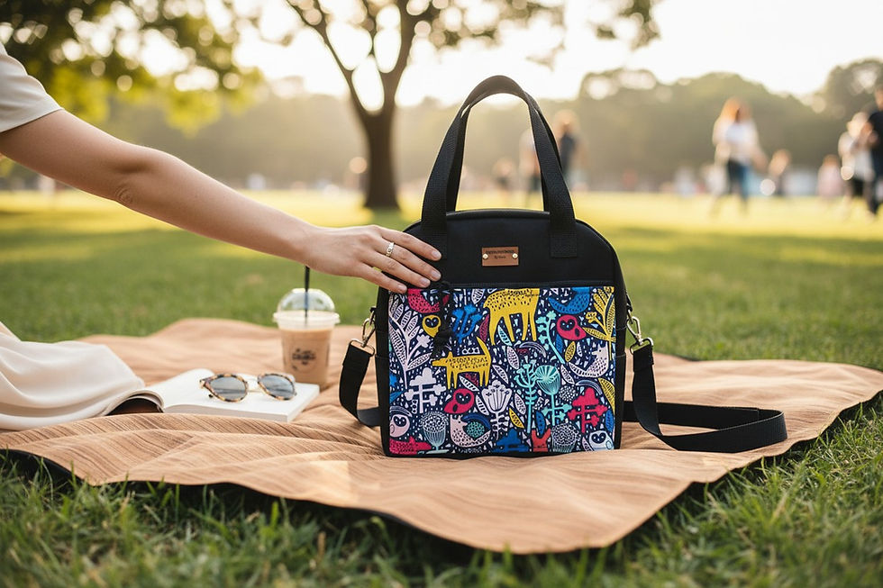 Woman's hand on a bag with colorful design, small cross-body adjustable strap bag on a picnic