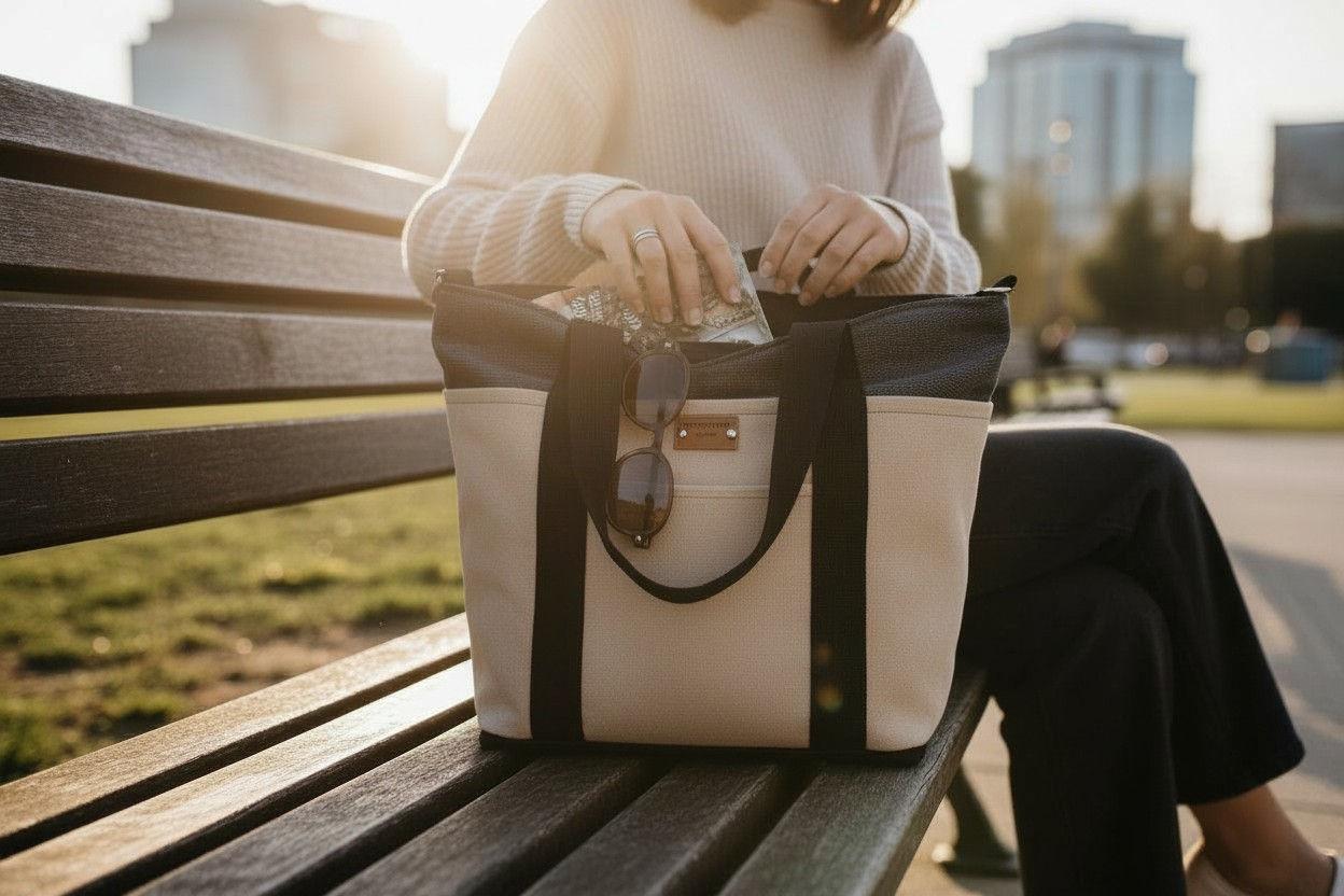Medium-front pockets/cream-charcoal/canvas bag