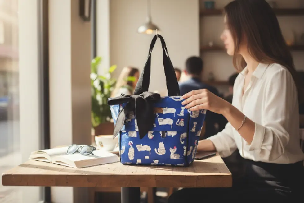 Thumbnail: Cats in blue/2 ways carrying/small bow canvas bag