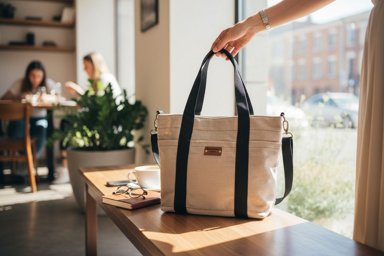 Medium-front pockets/cream/canvas bag