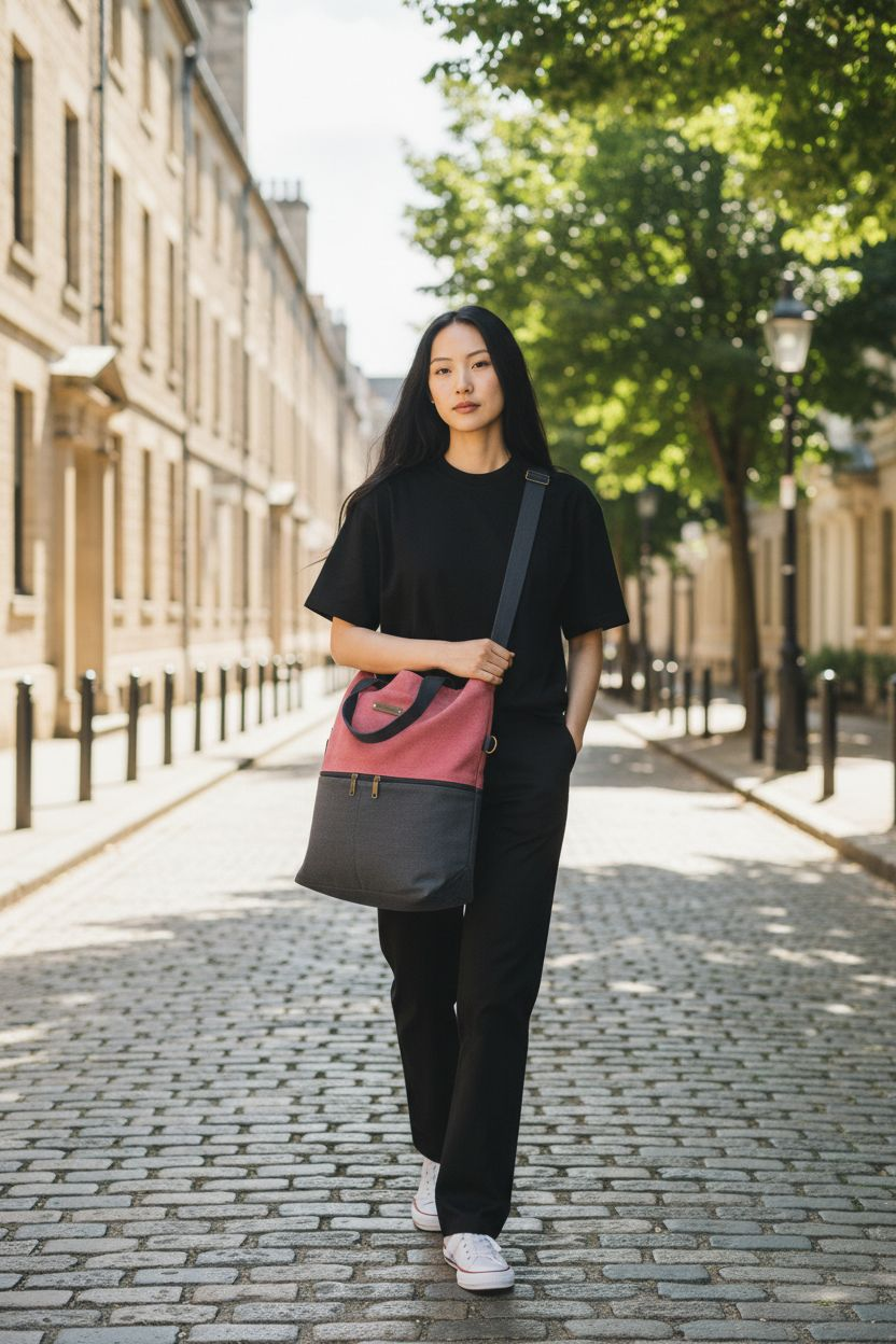 Thumbnail: Woman wearing black walking with small 3-section/adjustable strap bag on the street. AWESOMEROSE'S