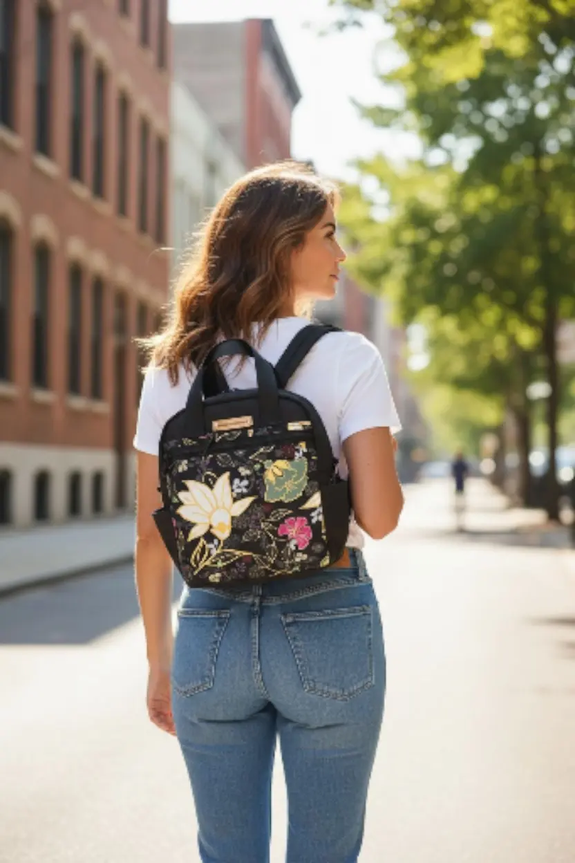 Thumbnail: Woman wearing floral backpack, walking on the street, AWESOMEROSE'S.