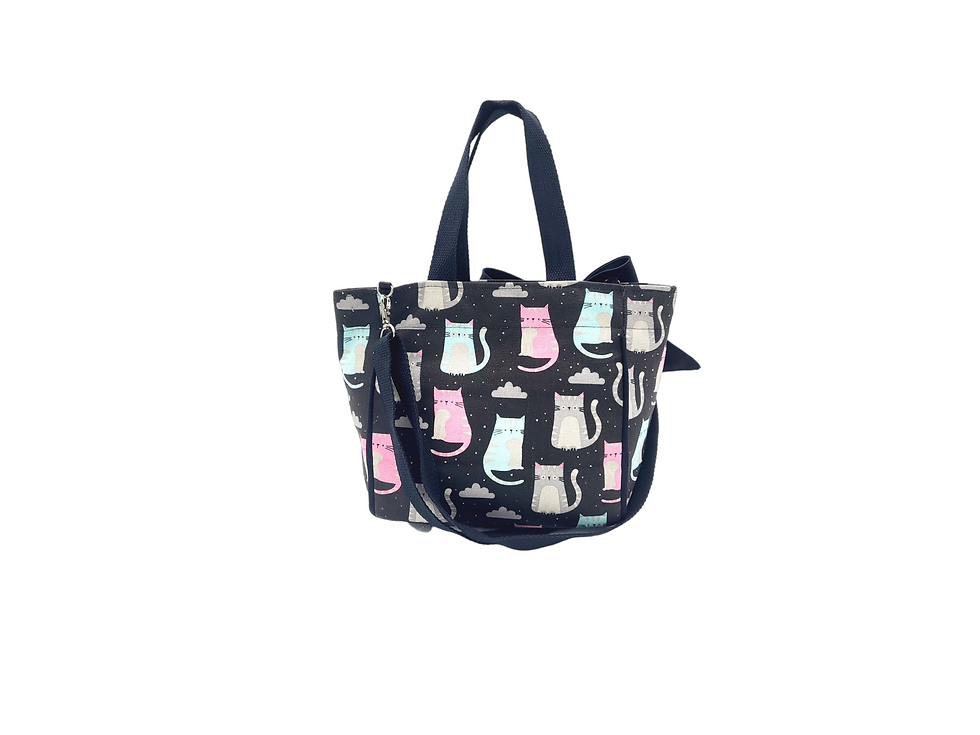 Thumbnail: Cat print 2-way carrying medium tote bag. Black background with colorful cat graphics.