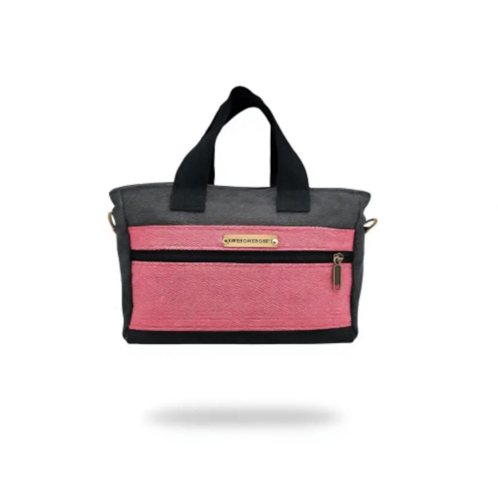 Pink and gray tote bag with black handles, AWESOMEROSE'S brand name.