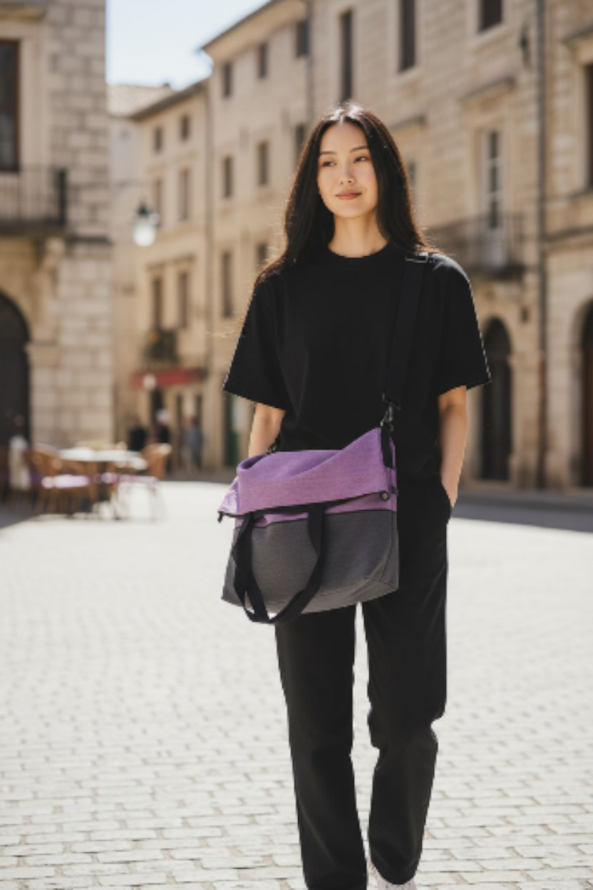 Thumbnail: Young woman walking with a purple and black bag AWESOMEROSE'S.