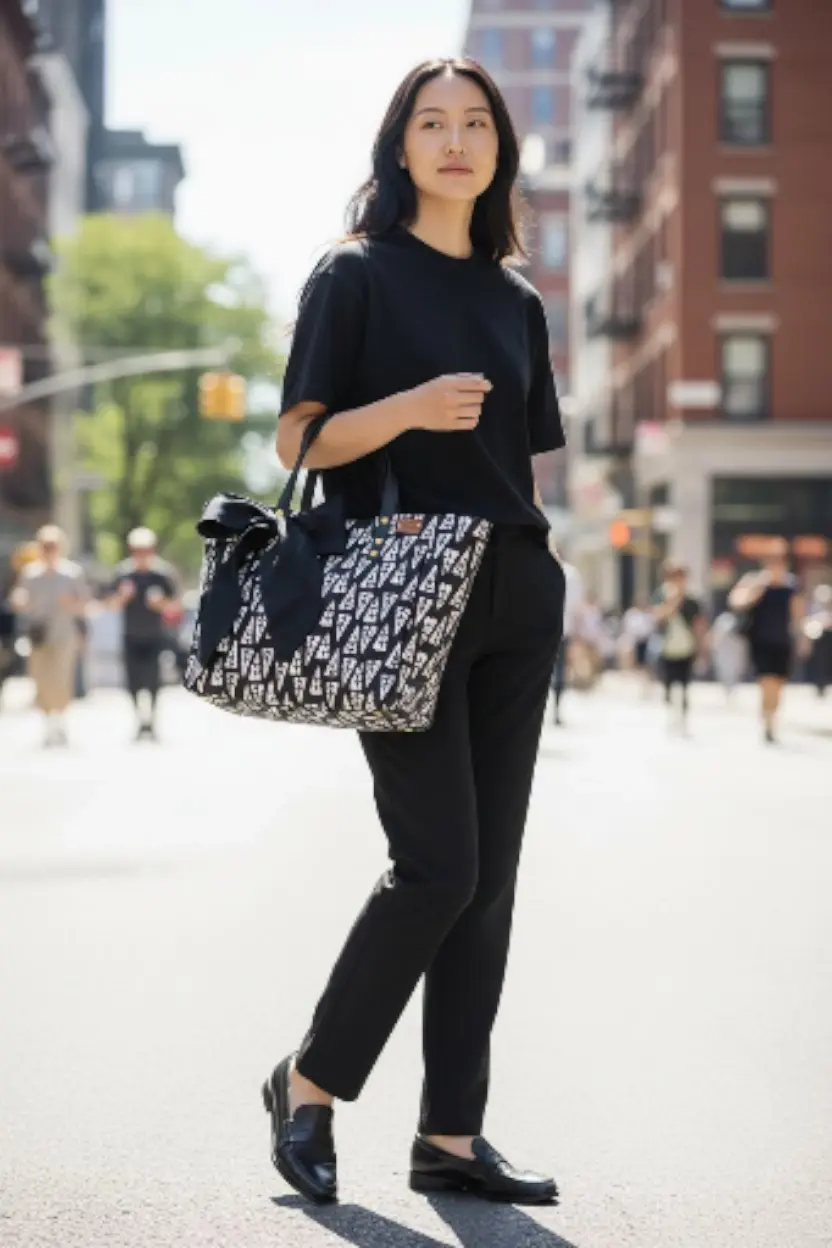 Thumbnail: Woman walking on street holding 2-tone canvas tote bag, smiling in sunlight.