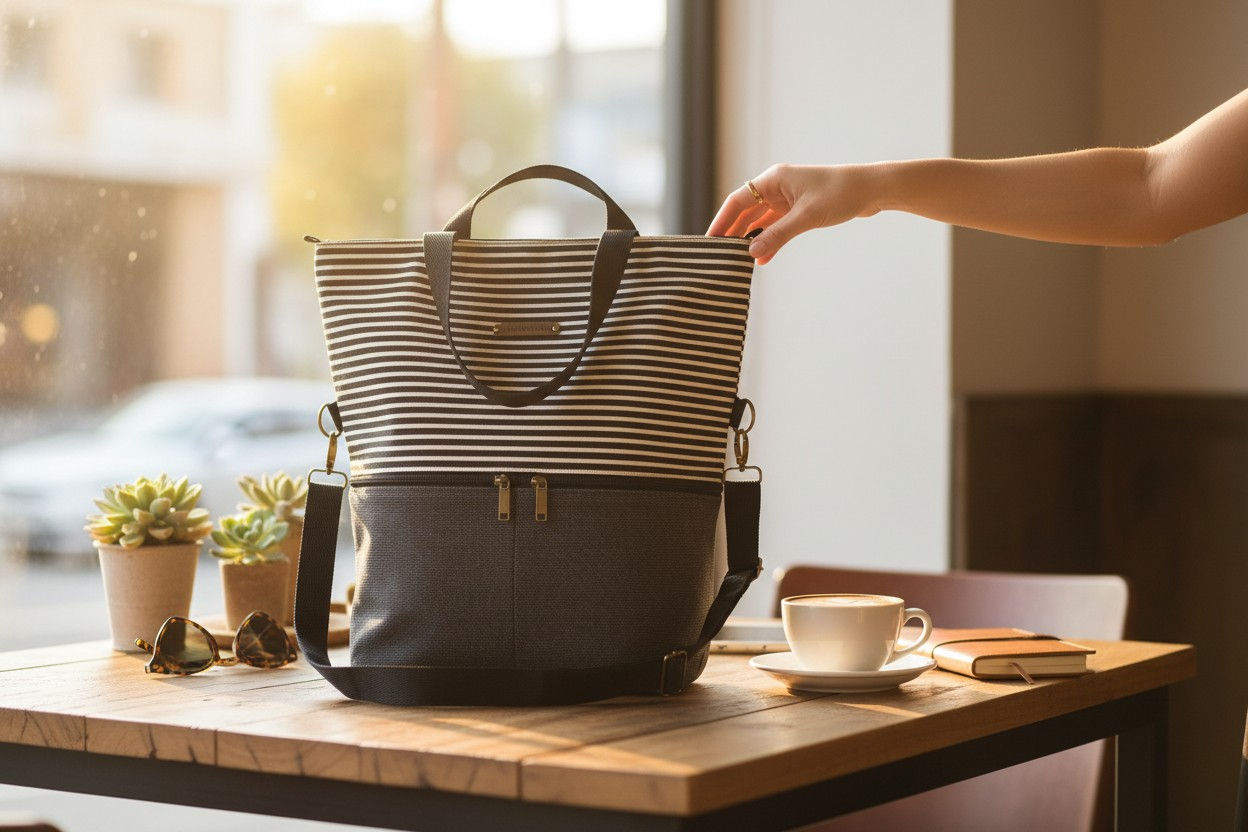Woman's hand adjusting a two-tone canvas tote bag on wooden table near coffee